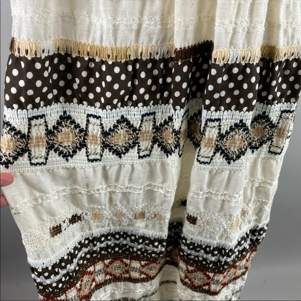 Vtg 70s Brown Tan White Dot Lace Ruffle Smocked Strapless Dress Boho S/M/L - Picture 3 of 5